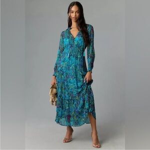 Anthropologie Marais Printed Chiffon Maxi Dress In Sky Blue Size Medium